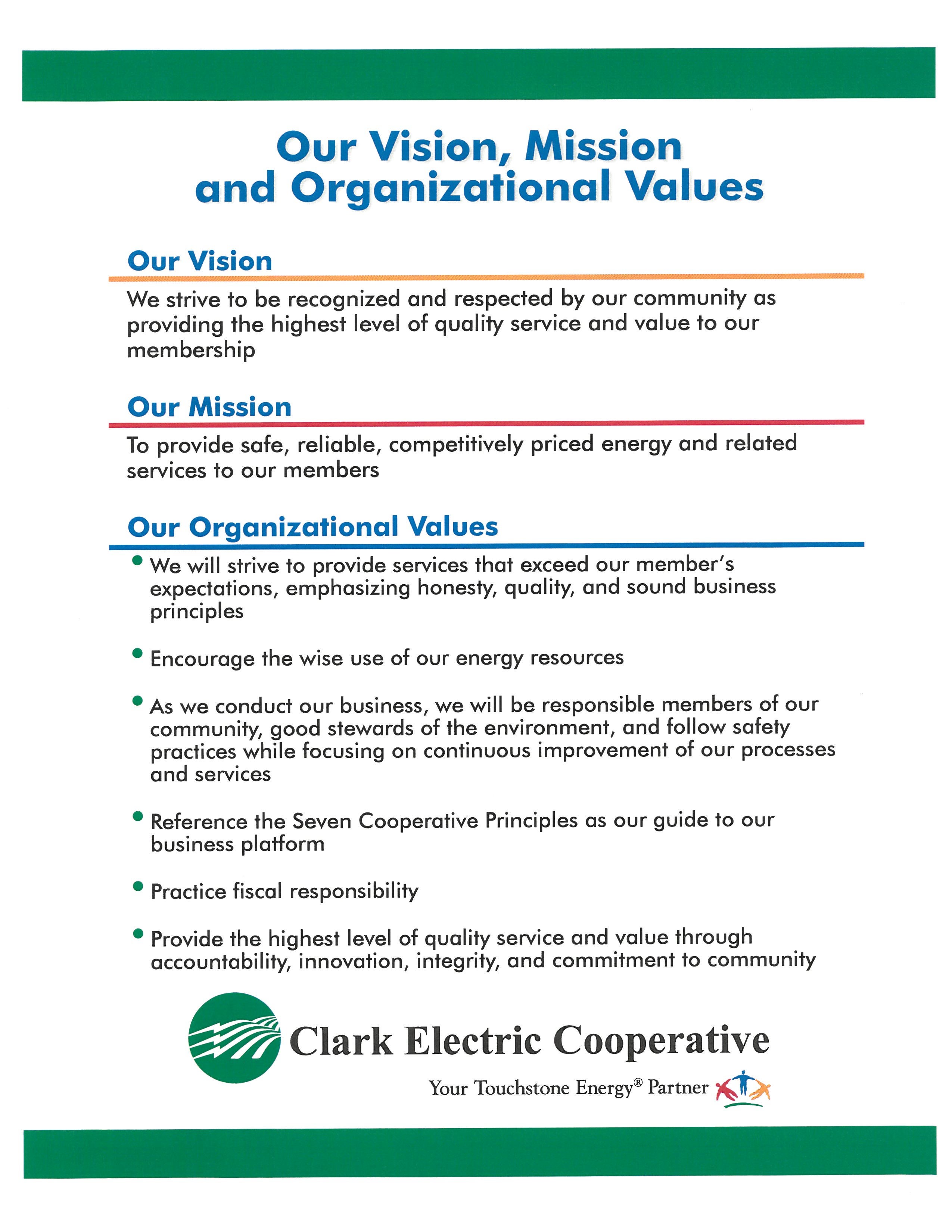Mission Statements Clark Electric Cooperative, Inc